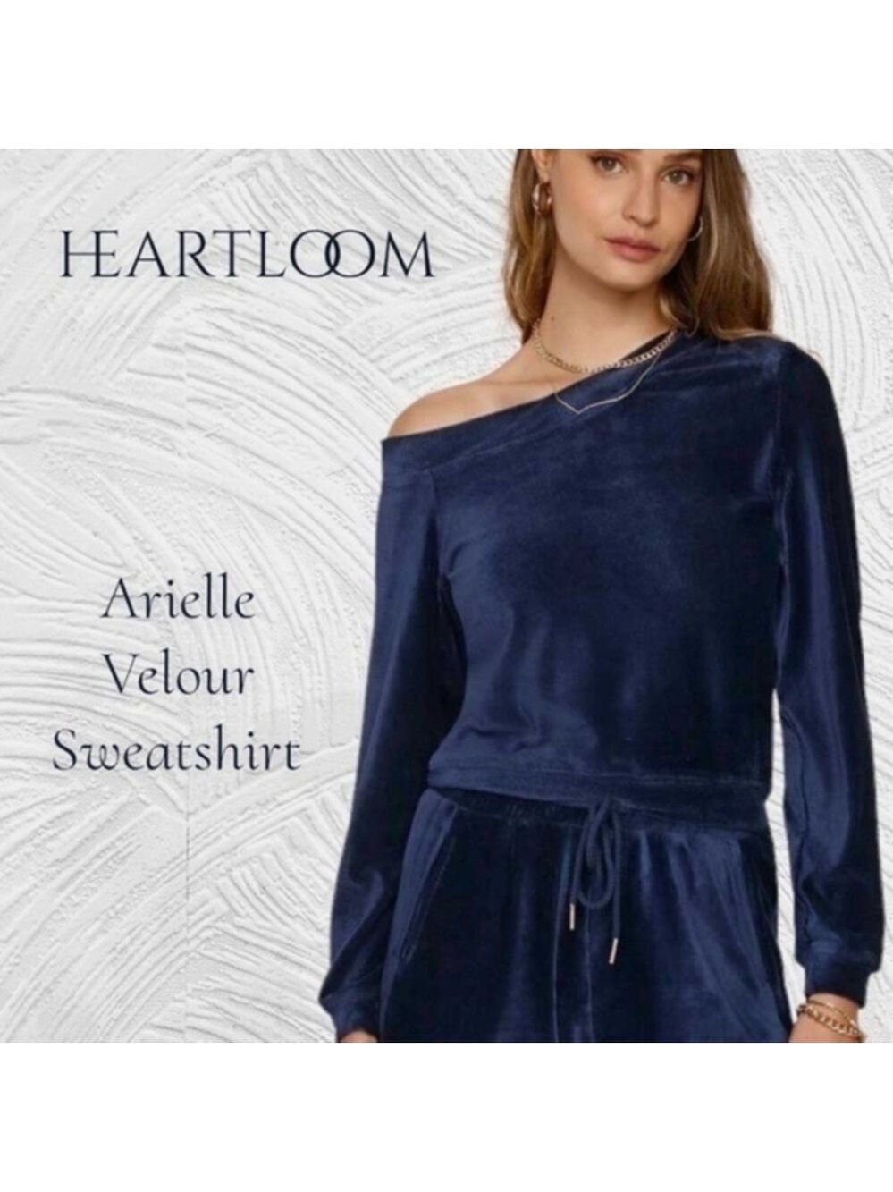 HEARTLOOM Arielle Asymmetrical Neckline Velour Sweatshirt in Navy